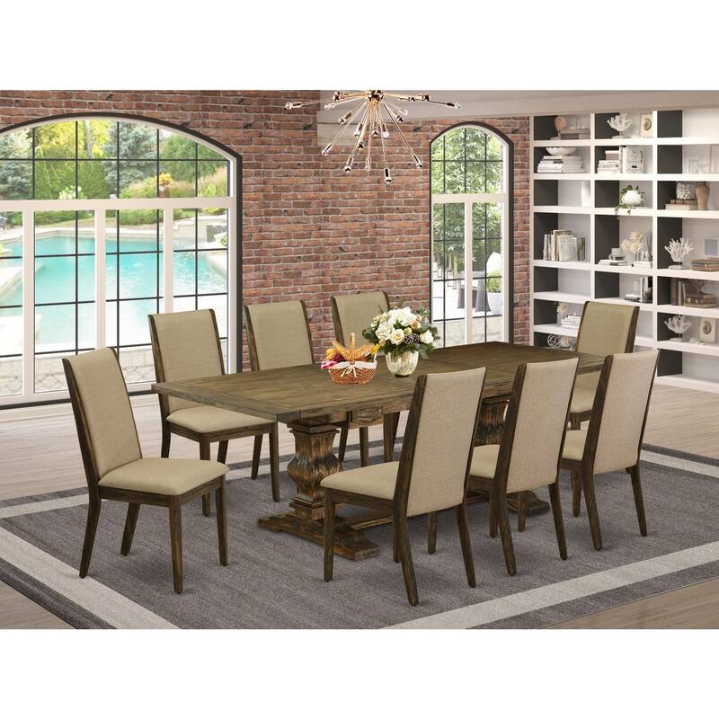 Modern 9-Piece Dining Set - Linen Fabric Chairs & Distressed Table