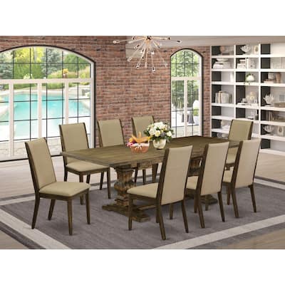 Modern 9-Piece Dining Set - Linen Fabric Chairs & Distressed Table