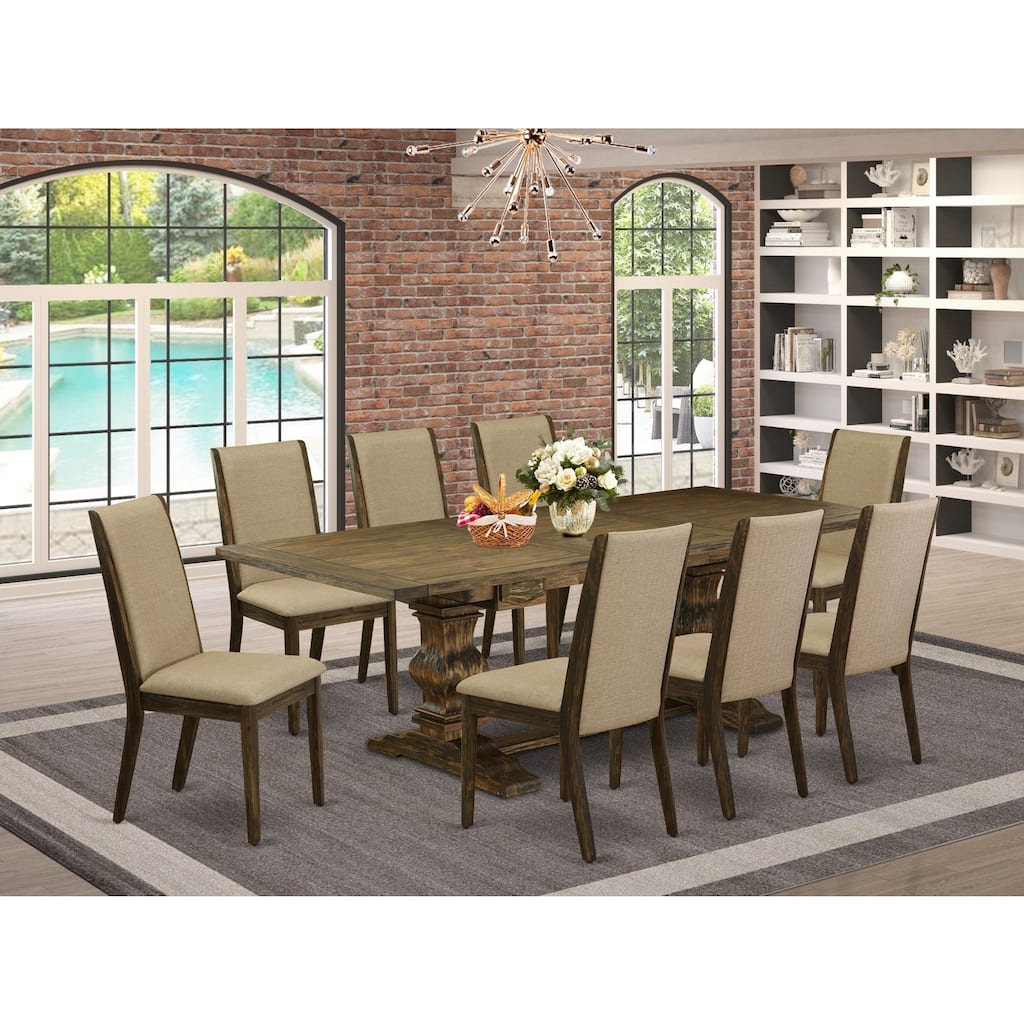 Modern 9-Piece Dining Set - Linen Fabric Chairs & Distressed Table