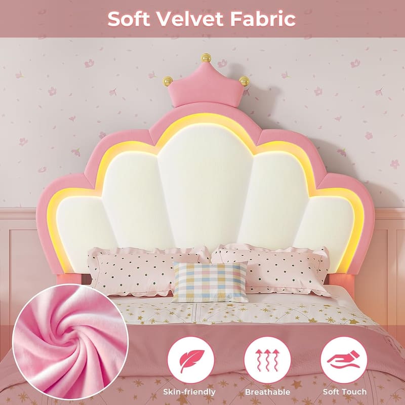 Bed Frame LED Lights Girls Bed Princess Crown Velvet Upholstered Platform Bed