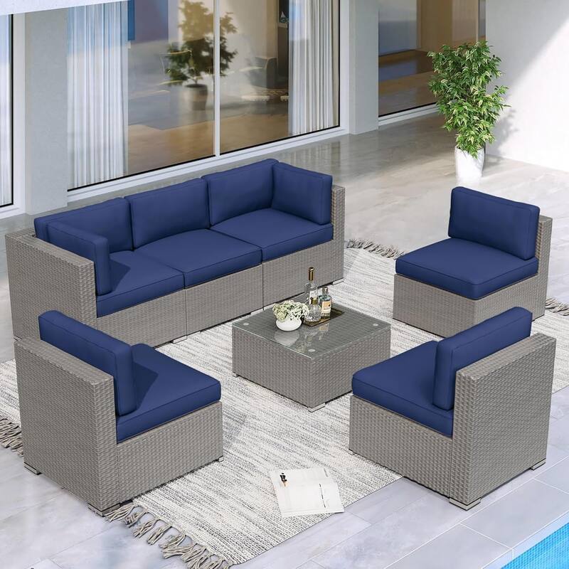7 Piece Outdoor Patio Furniture Set Grey/Black Wicker Conversation Sectional Sofa Set with Coffee Table and Cushions