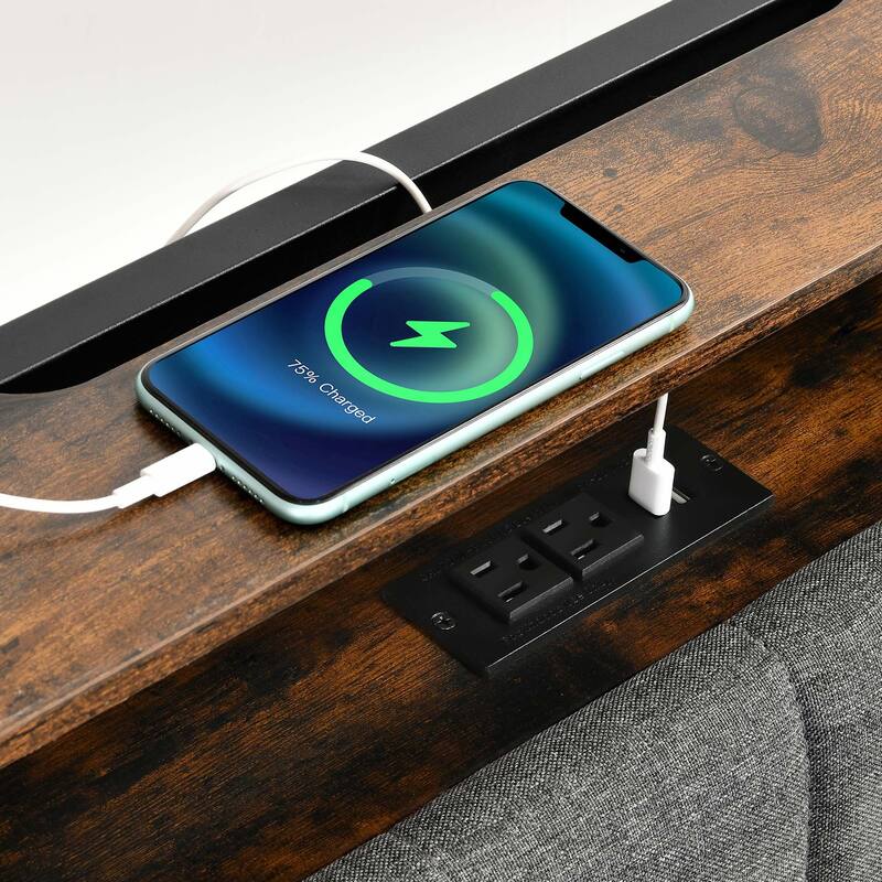 Upholstered Platform Bed with Charging Station and Storage Headboard