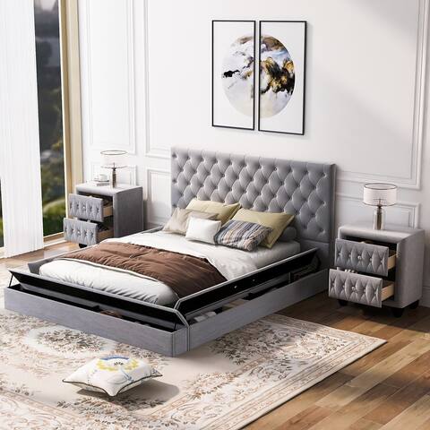 Full Size Upholstery Platform Bed with 2 Upholstery Nightstands