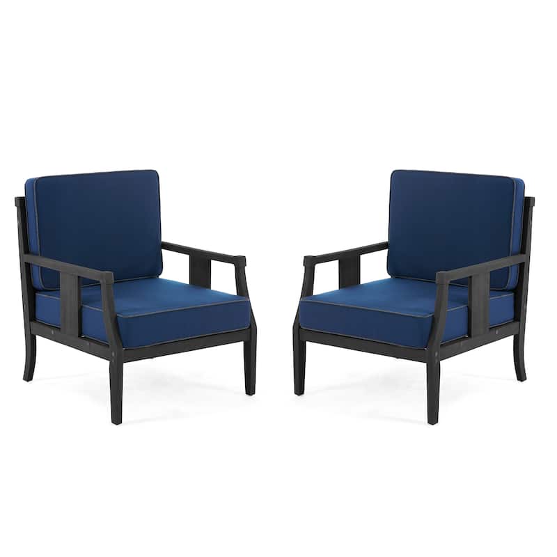 Set of 2 Outdoor Teak Wood Armchairs with Cushions, Patio Club Chairs