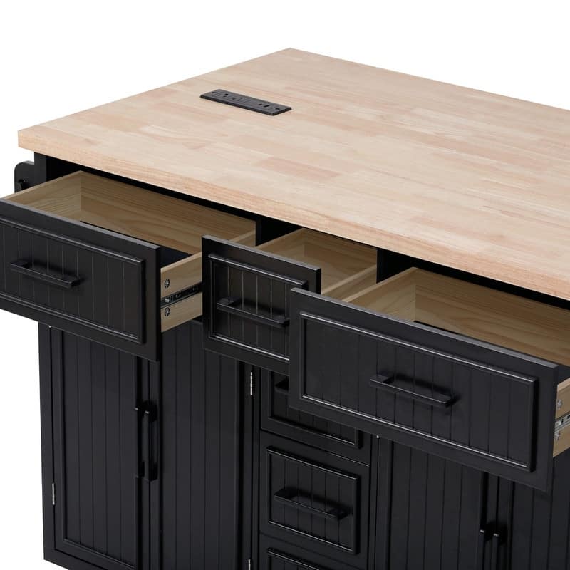 56.5" Kitchen Island with Drop Leaf and Charging Station, Rolling Kitchen Cart on Wheels with Drawers and Adjustable Shelves