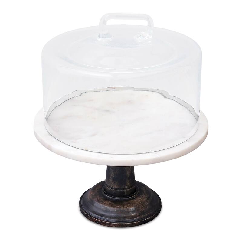 Luxury Marble Pedestal Cake Stand with Glass Dome 24” Round Black & White Natural Stone Tray - 24” (L) x 24” (W) x 14.75” (H) - Multi
