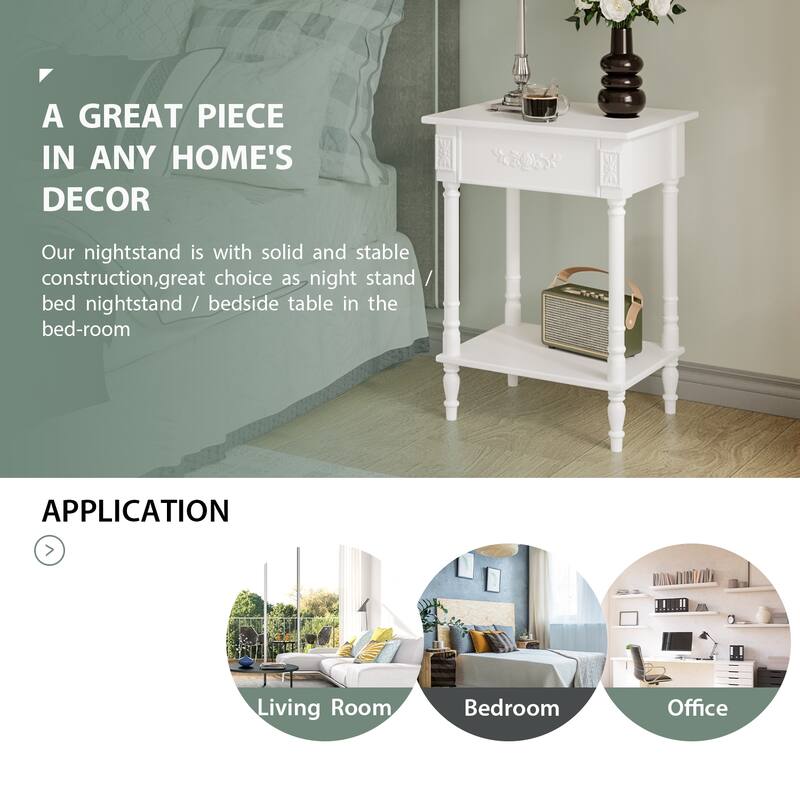 Vintage End Table with Drawer and Shelf, French Style Nightstand with Solid Wood Legs, White Accent Table