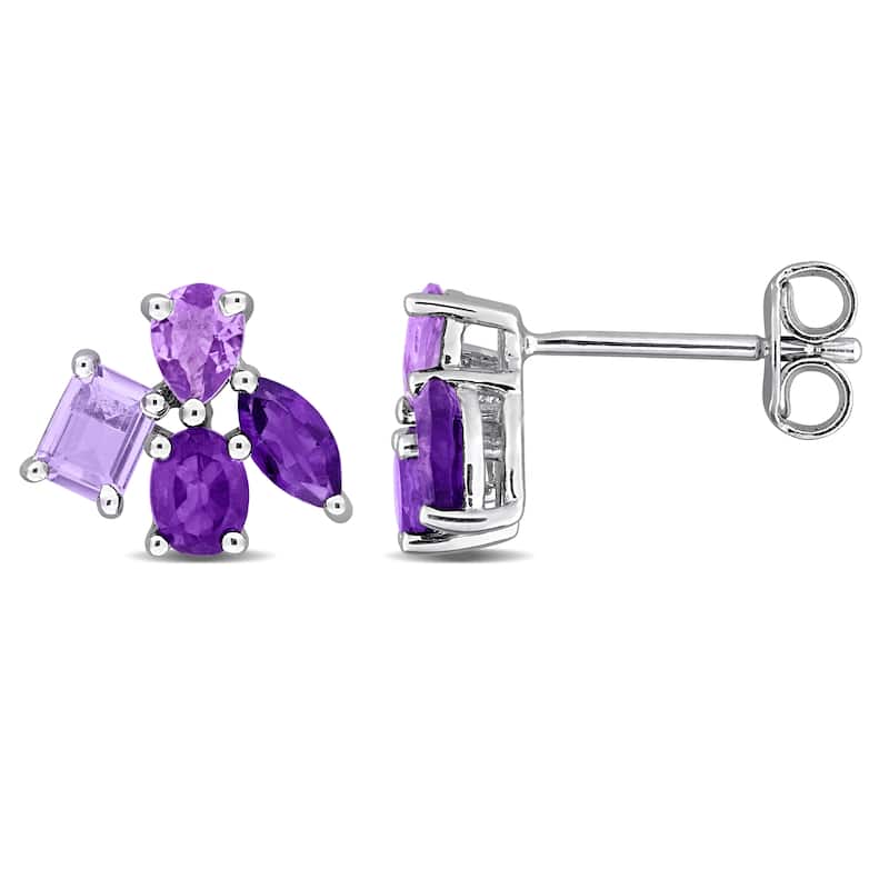 Miadora Multi-Gem Cluster Stud Earrings Sterling Silver - Purple
