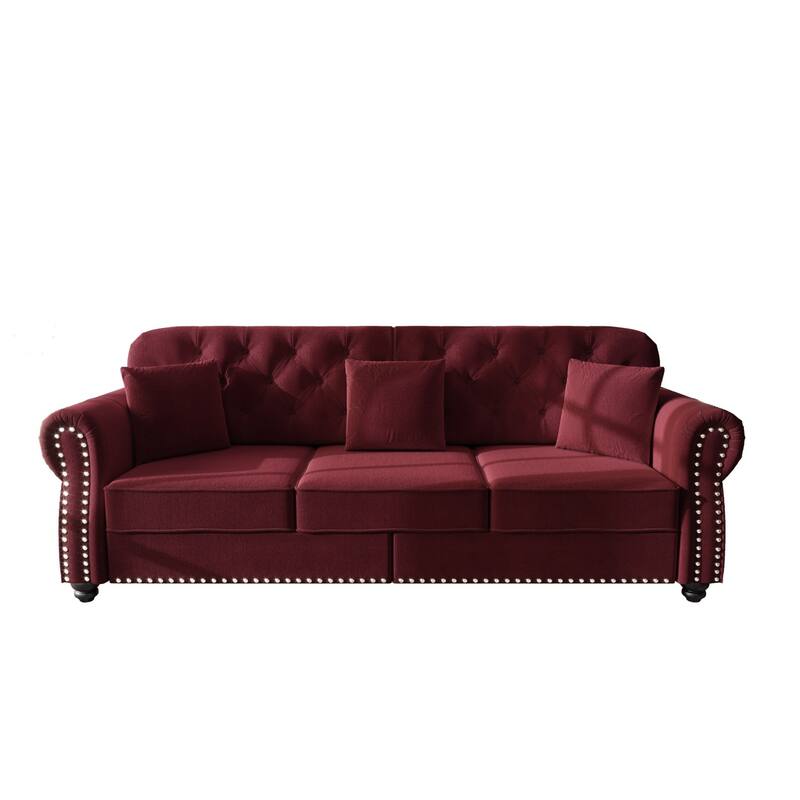 82.6" Velvet Sofa with Button Tufted, 3 Pillows and 1 Ottoman