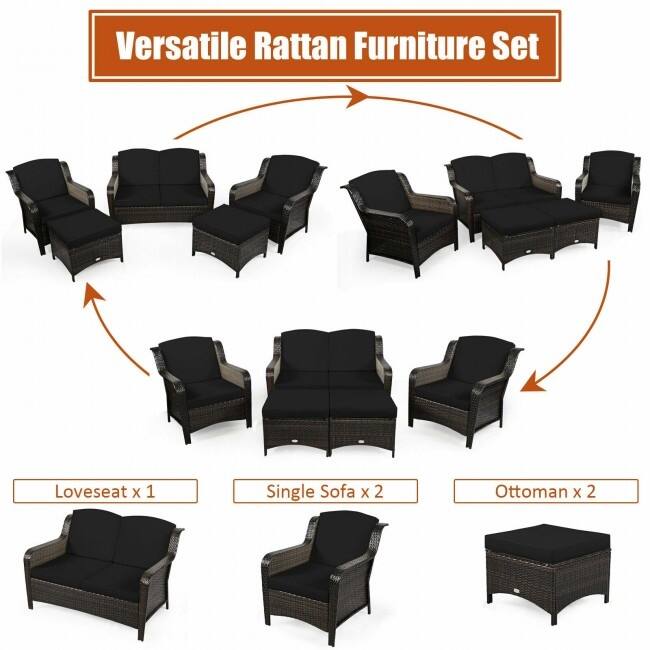 5 Pieces Patio Rattan Sofa Set with Cushion and Ottoman - 51" x 33.5" x 33" (L x W x H)