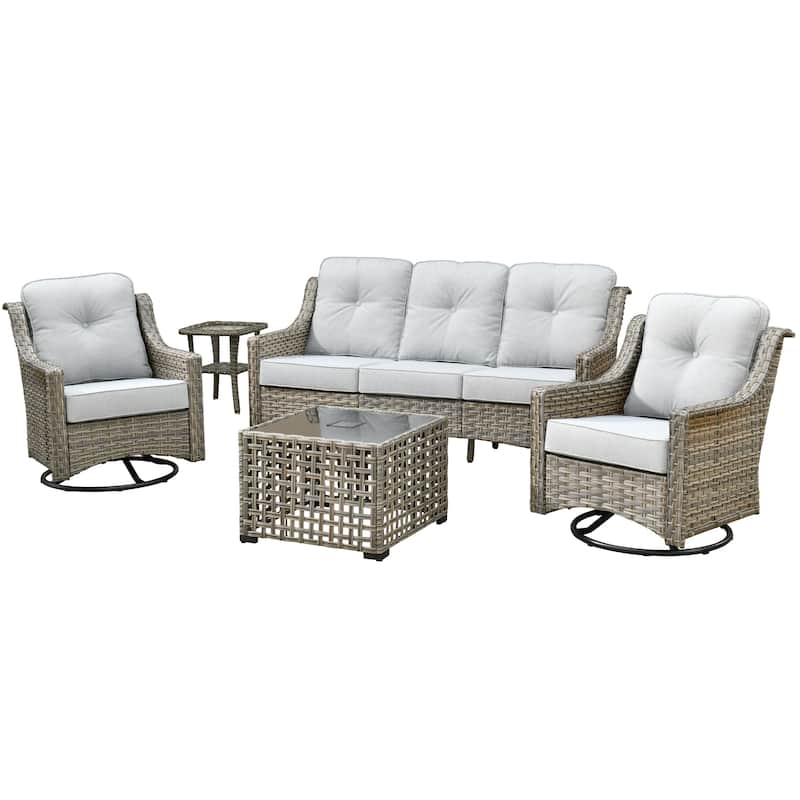 HOOOWOOO 5-piece Rattan Wicker Outdoor Conversation Set with Swivel Chair and Coffee Table