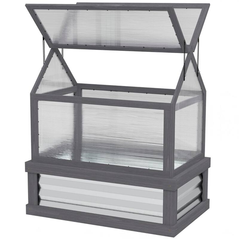Grey-Silver Fir Wood Cold Frame Mini Greenhouse with Raised Garden Bed - Grey-Silver