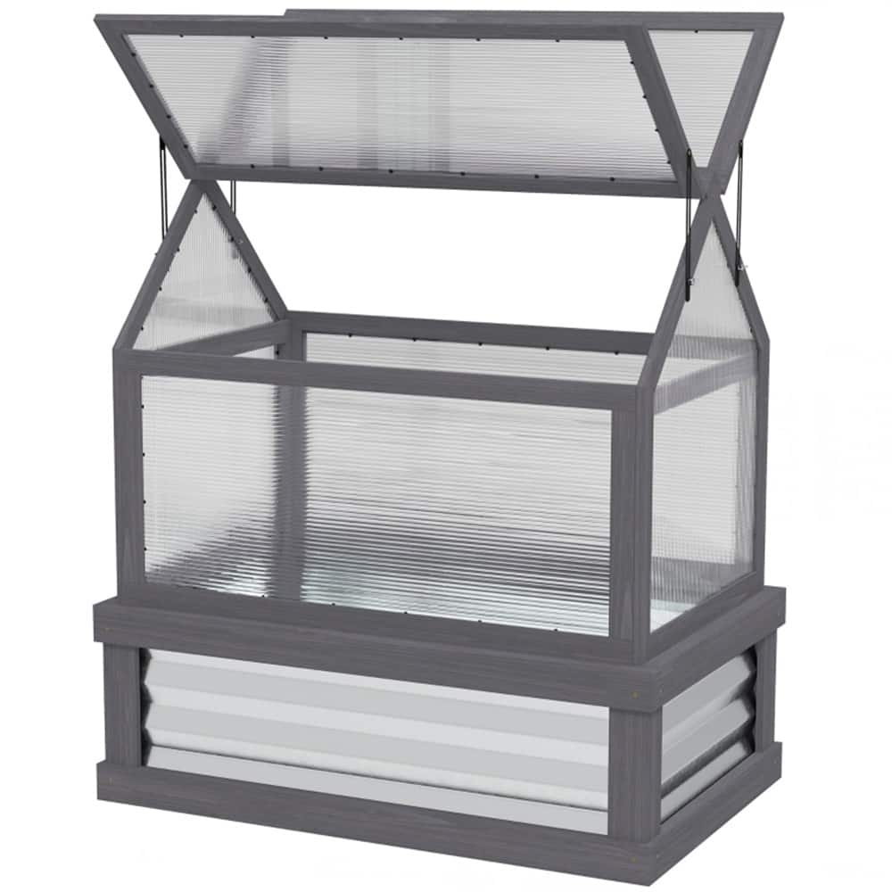 Grey-Silver Fir Wood Cold Frame Mini Greenhouse with Raised Garden Bed