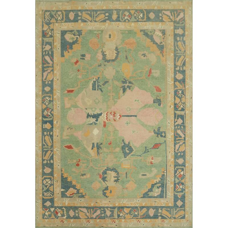 Vegetable Dye Green Oushak Turkish Area Rug, Floral Geometric Carpet - 10' 5'' X 8' 2''