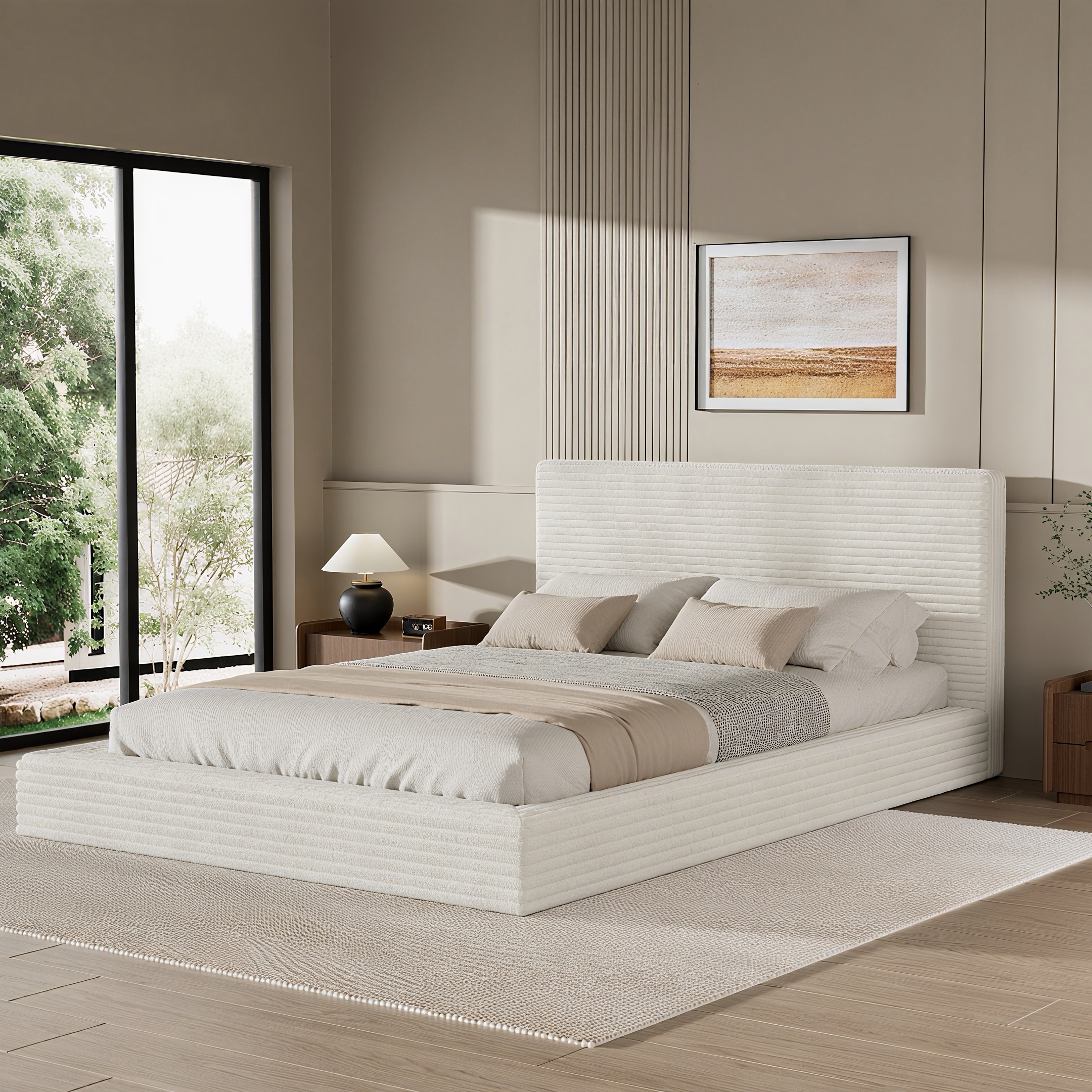 Modern Corduroy Queen Upholstered Platform Bed with Padded Cloud-Style ...