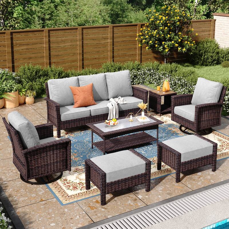 MAISON ARTS 7-Piece Extra-Large Patio Wicker Sofa Conversation Set with Table, Oversize Seat with 5.5'' Thick Padded Cushion - 5Seats +2Ottoman + 47''Table + 17''Table - Grey