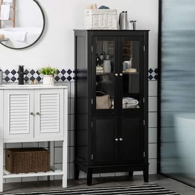 Black Bathroom Cabinet with Tempered Glass Doors and Adjustable Shelf Compact Storage Tower - 23.5" L x 15.75" W x 54.25" H