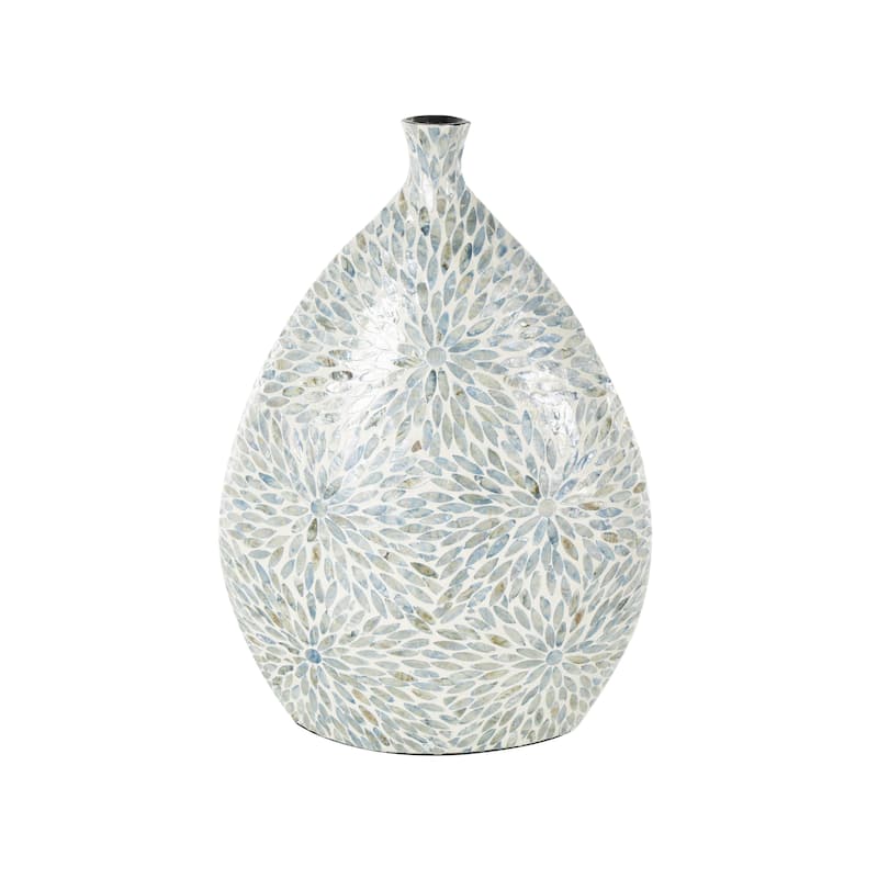 Mother of Pearl Shell Floral Handmade Large Mosaic Decorative Vase with Cream Underlay - Blue - Roche River Decor