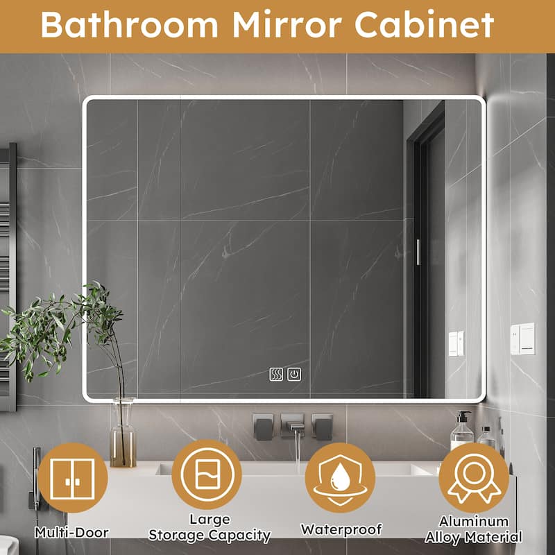 Mirror Cabinet with 3 Colors LED Light,Defogging and Hair Dryer Holder