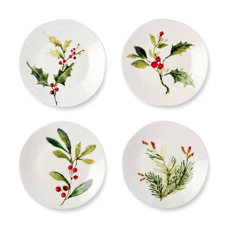 Certifed International Holly And Vines Set of 4 Dessert/Salad Plates 9" Assorted Designs - 9 L x 9 W x 1.25 H