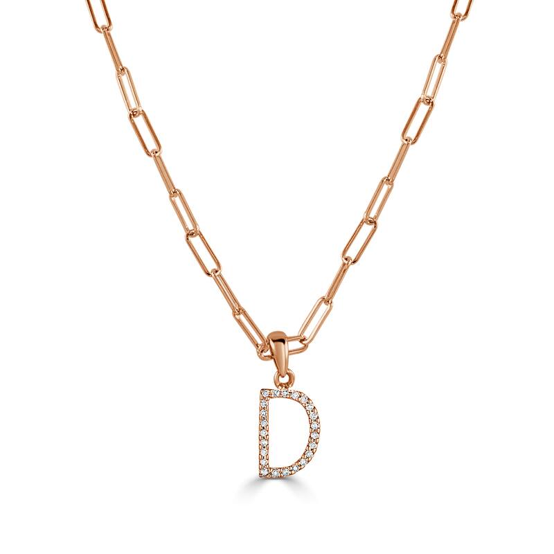 Joelle Collection Diamond Initial Letter Necklace Paperclip 14K Gold 16-inch Chain 1/10 TDW Necklace - D - Rose