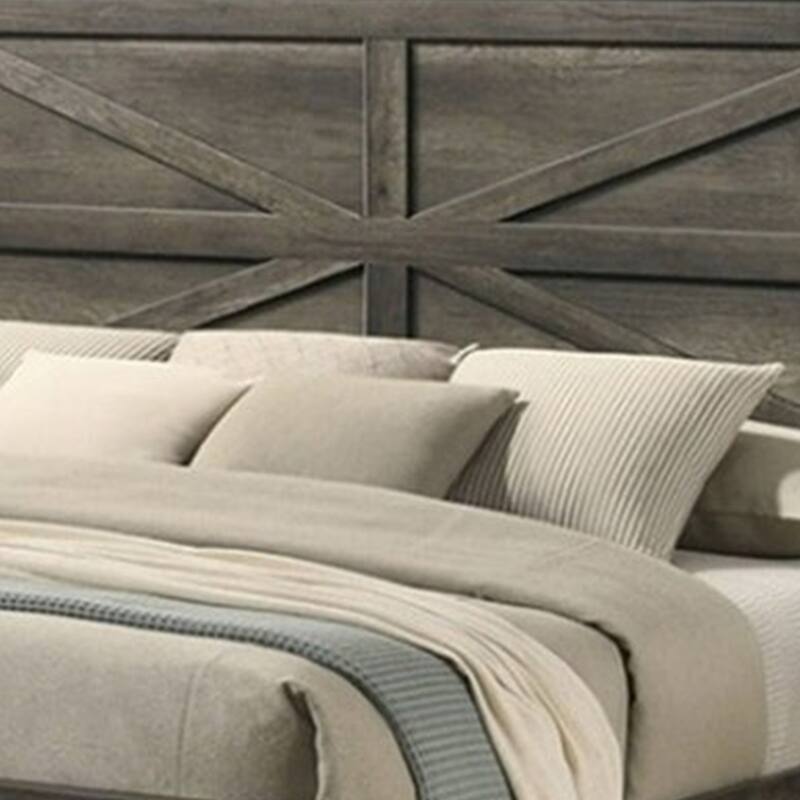Bry King Size Bed w Chevron Panel Headboard, Rustic Gray Wood Frame