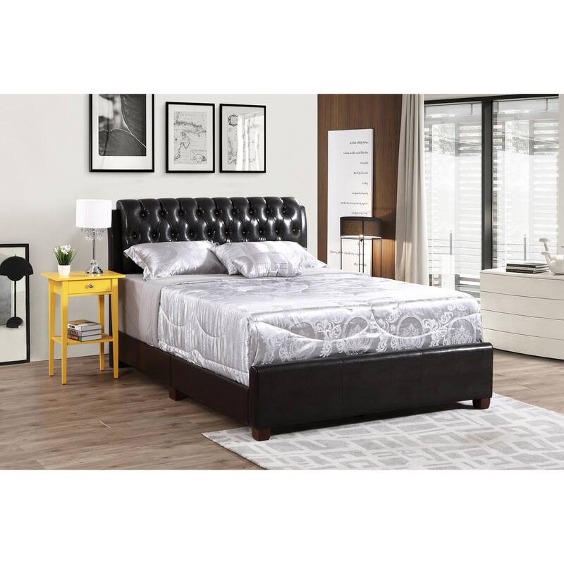 Queen Size PU Platform Bed with Foam Support - Dark Brown