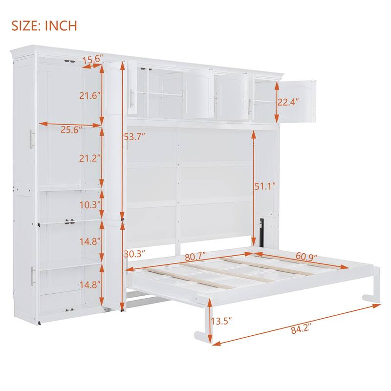 Queen Murphy Wall Bed with Integrated Storage Cabinets, Wardrobe and Drawers, Foldable Design