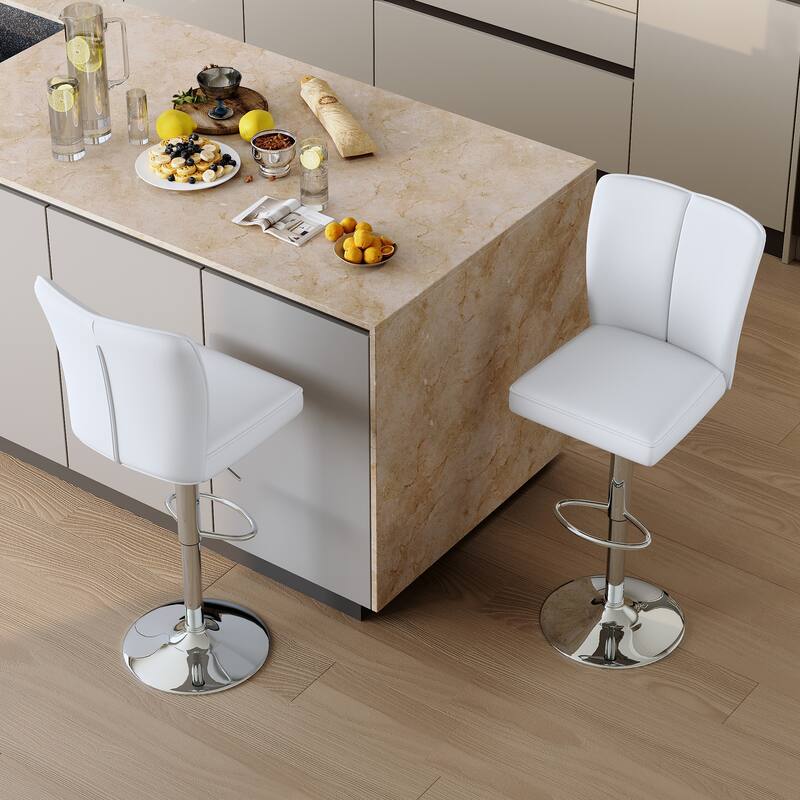 Modern 2-Piece PU Bar Stool Set — Smooth-Lined Backrest & Silver Trumpet Legs for Bar, Living Room, Lounge - White+Silver