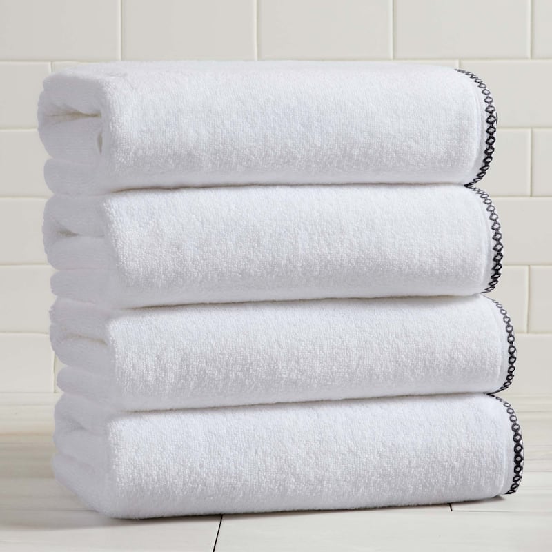 Linery & Co. Quick-Dry Cotton and Decorative Border Towel Set - Bath Towel (Pack of 4) - White / Black