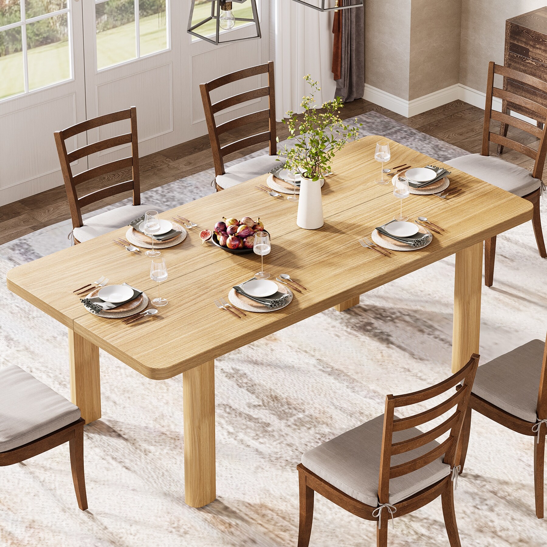 Wood Dining Table, 63'' Farmhouse Kitchen Table with Solid Wood Legs