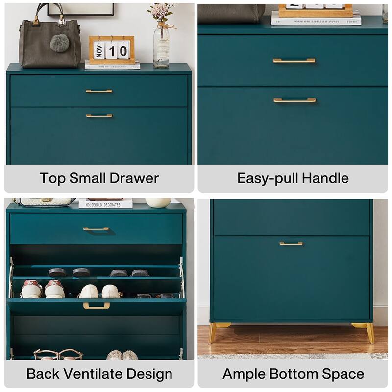 Freestanding Shoe Cabinet for Entryway, with 2 Flip Doors and Drawer - 32'W x 10''D x 43''H