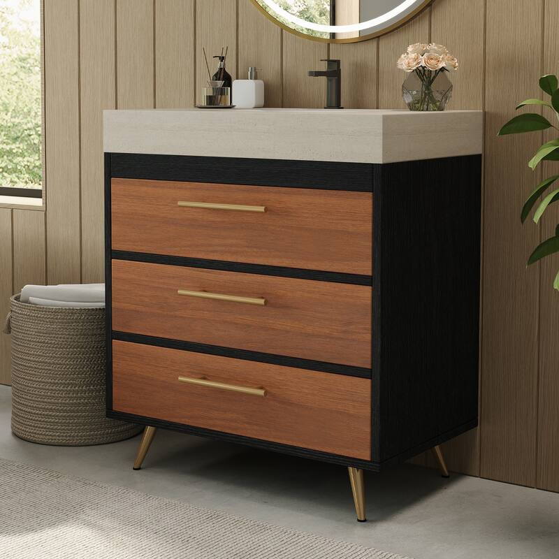 29.9" Modern Free-Standing Vanity with Ceramic Vessel Sink & Durable Sintered Stone Top