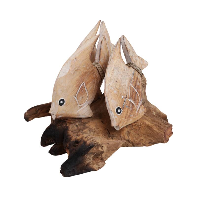 Wood Hand-Carved Fish Figurine Coastal Finish (Set of 2) - 9" Brown - 14" x 7.5" x 8.75"