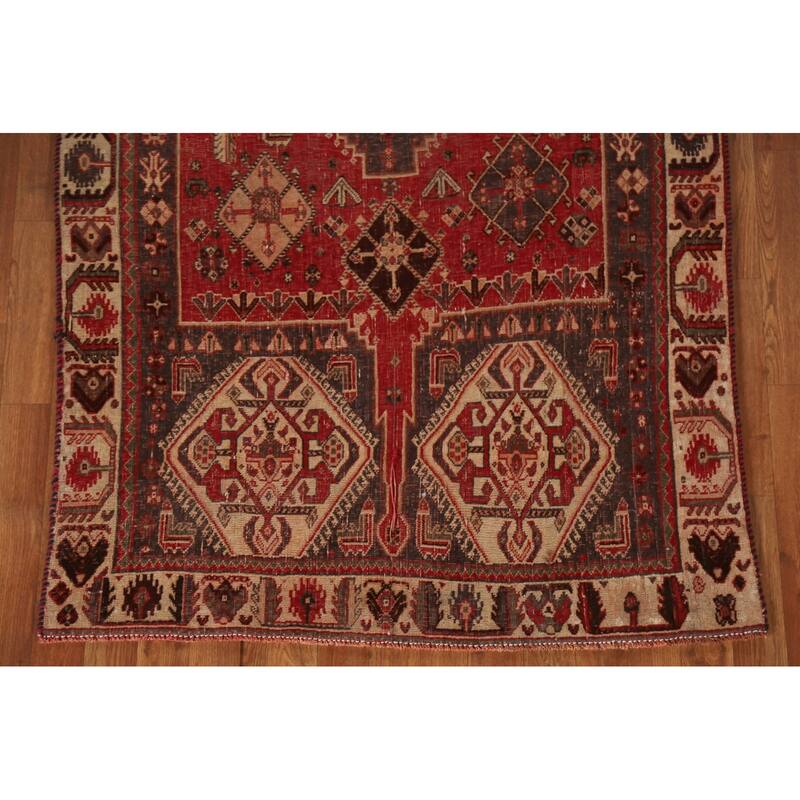 Red Shiraz Persian Antique Area Rug Handmade Wool Carpet - 3'11"x 7'6"