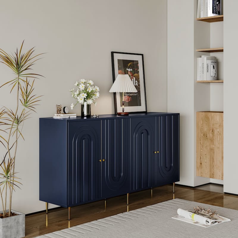Accent Cabinet Black Lacquered Wooden Cabinet with 4 Glass Doors Sideboard Buffet Server Cabinet Storage Cabinet - Blue