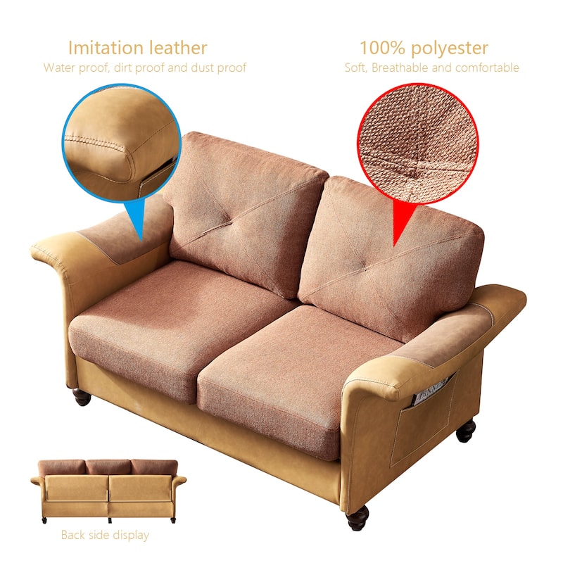 Living Room General Use Linen Fabric Faux Leather with Wood Leg Love Seat (Beige)
