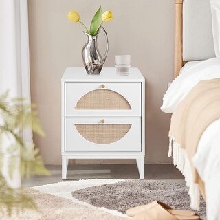 Modern Minimalism Nightstand, Bohemian Wood Bedside Table with Woven Rattan Drawers, Sofa Side Table, Rustic Farmhouse End Table