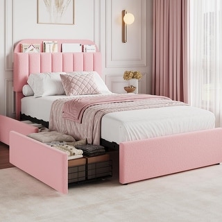 Bed Frame with Storage Headboard, Bed Frame with 2 Drawers,Boucle Upholstered Platform Bed with Bookcase