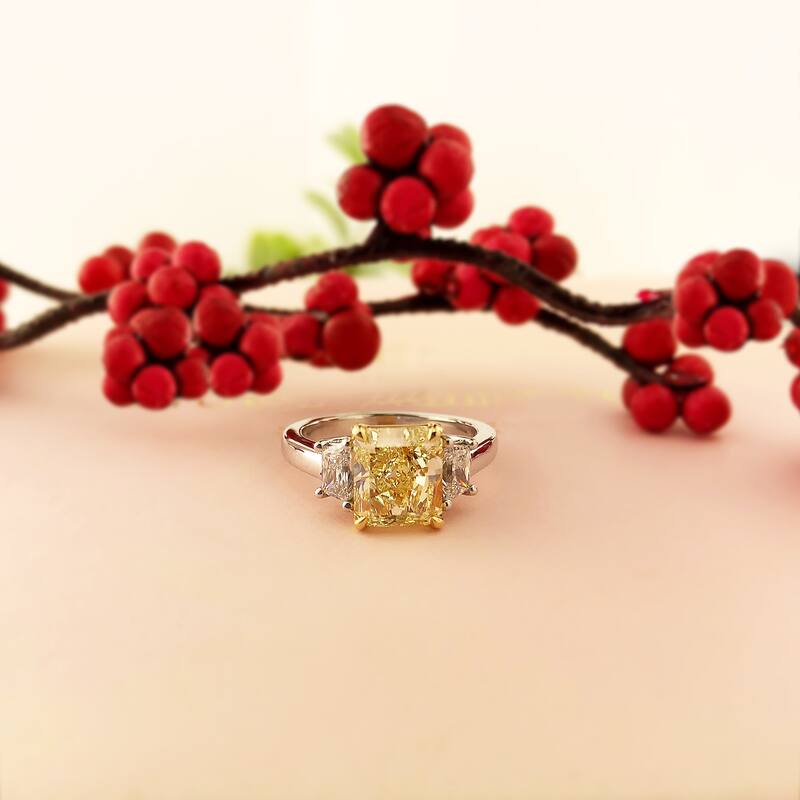 Auriya Platinum 3 3/5CTW 3 Stone Radiant Yellow Diamond Engagement Ring in (E, VS1)