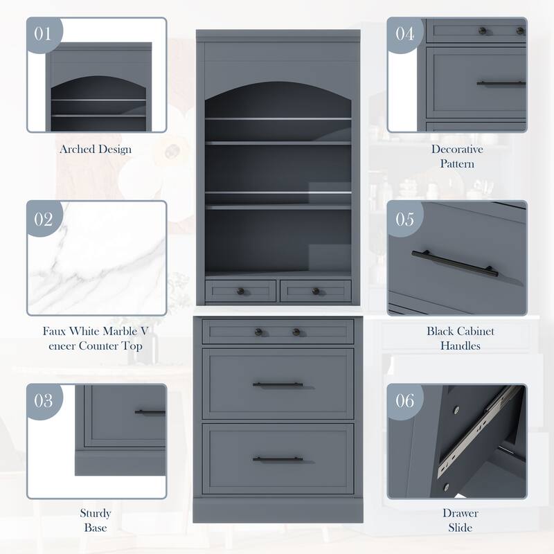 Kitchen Pantry Cabinet with Faux Marble Top, Freestanding Storage Cabinet, Buffet Cabinet with 5 Drawers & Adjustable Shelf
