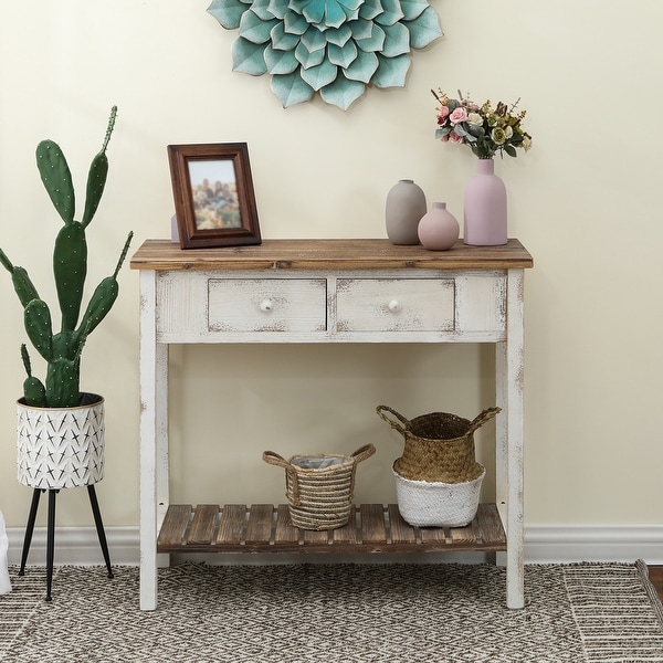 Distressed White Wood Vintage 2-drawer Console Table with Natural Wood Top. Opens flyout.