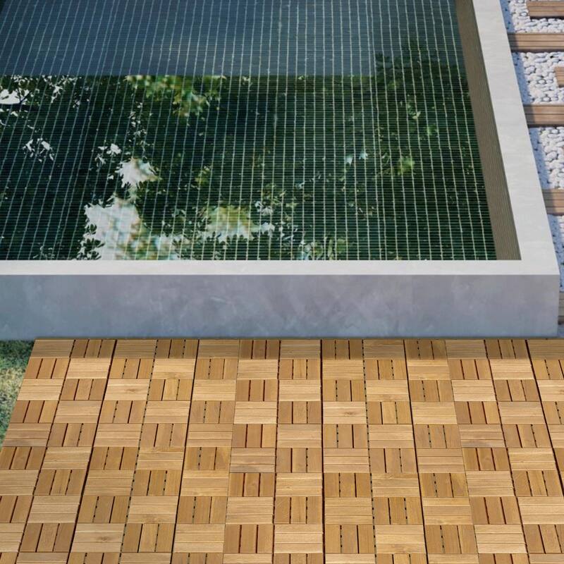 12" x 12" Square Yellow Acacia Hardwood Interlocking Deck Tiles Checker Pattern for Patio, Balcony, Poolside