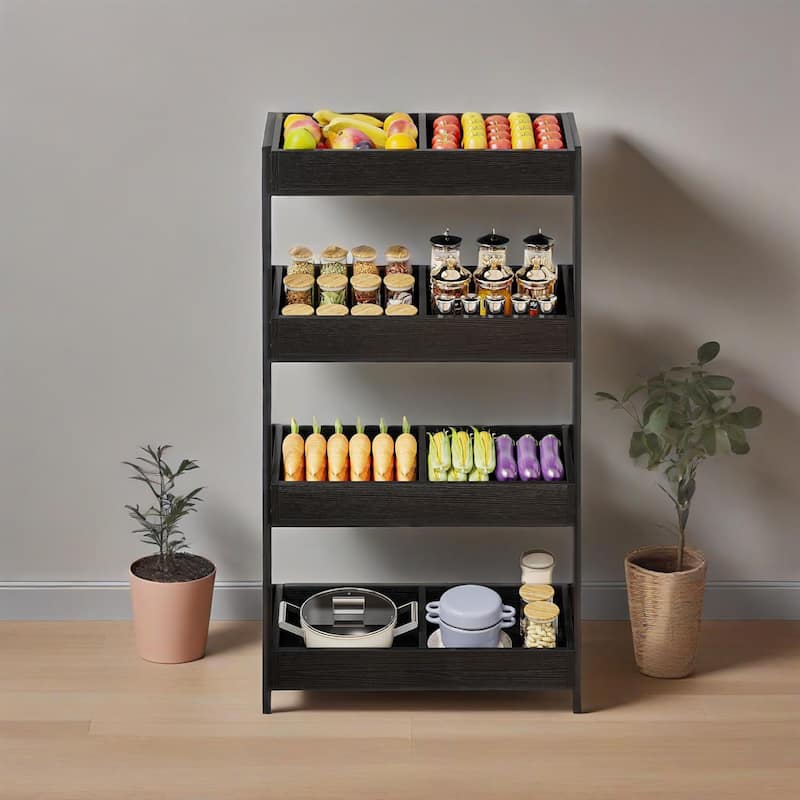 4 Tier Retail Display Rack Stand with Particleboard Shelves Metal Frame and Hooks for Store Kitchen or Office Organization
