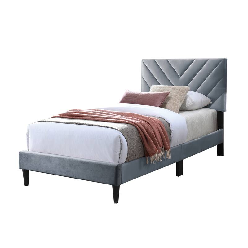 Velvet Upholstered Adjustable Headboard Twin Bed with V-stitching Design - Gray
