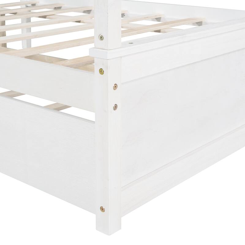 Full Size Wood Canopy Platform Bed with Trundle, Brushed White Finish, No Box Spring Needed
