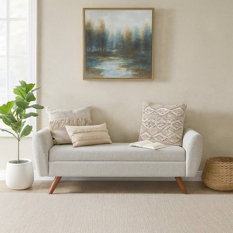 Rae Storage Bench Ottoman with Arms, Light Gray Woven Fabric, 60 Inch