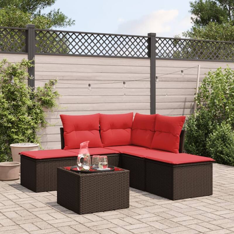 vidaXL Patio Sofa Set with Cushions Outdoor Furniture 6 Piece Poly Rattan - 21.7 x 24.4 x 27.2 - Brown and red With table