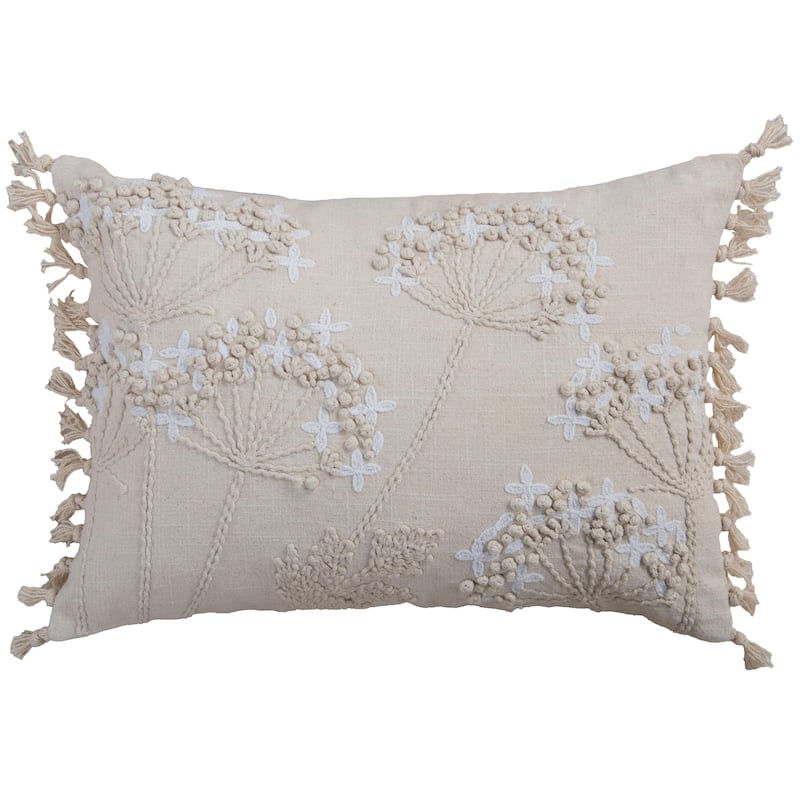 Rizzy Home Embroidered Botanical Fringe Throw Pillow, 14x20