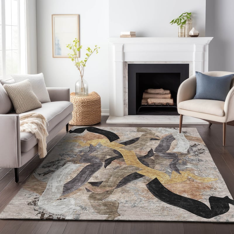 Machine Washable Indoor/Outdoor Contemporary Brushstrokes Chantille Rug